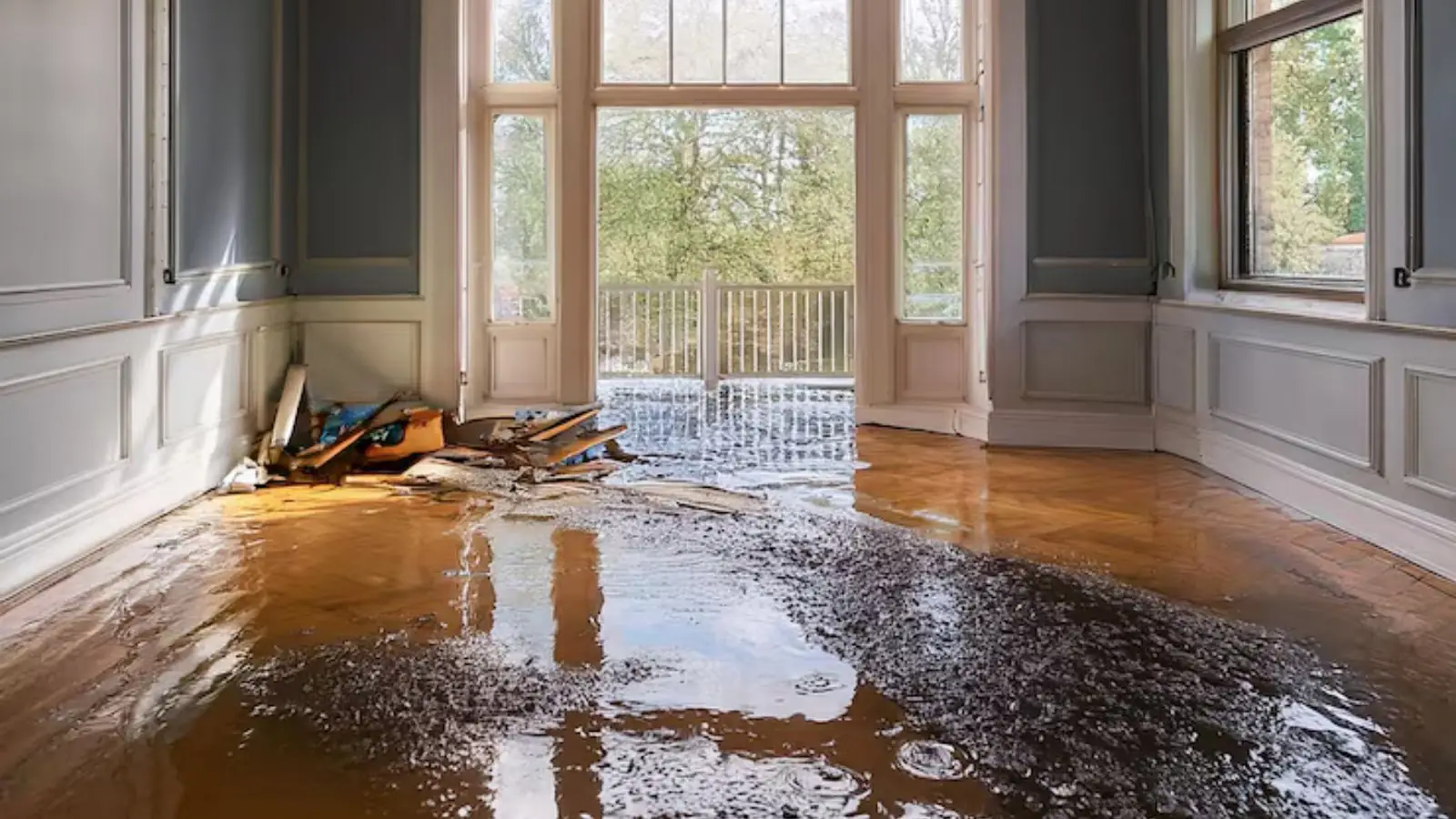 Living room with hardwood floor covered in standing water after a leak